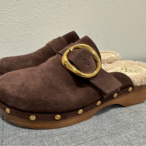 Vince Camuto Canzenee Chocolate Suede Mules with Gold Buckle - Picture 5 of 10